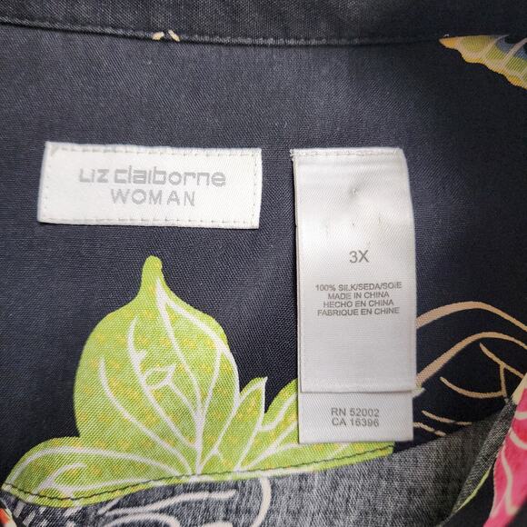 Liz Claiborne Womens Silk Button Up Blouse Plus Size 3X Black Colorful Butterfly - Picture 7 of 10